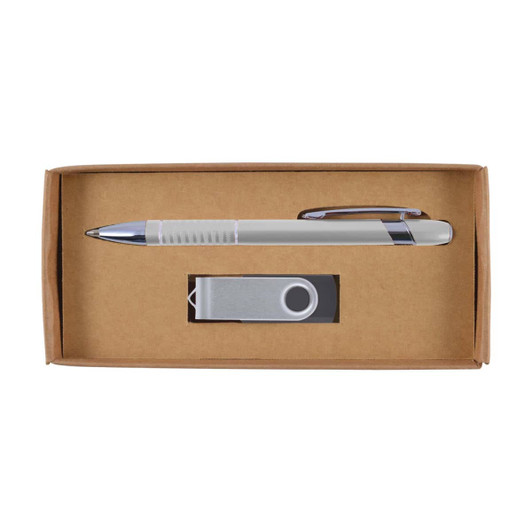 A cardboard gift set featuring a silver pen and a USB drive, neatly packaged in a brown box.