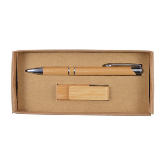 A bamboo pen and a bamboo card holder are presented in a brown cardboard gift box.