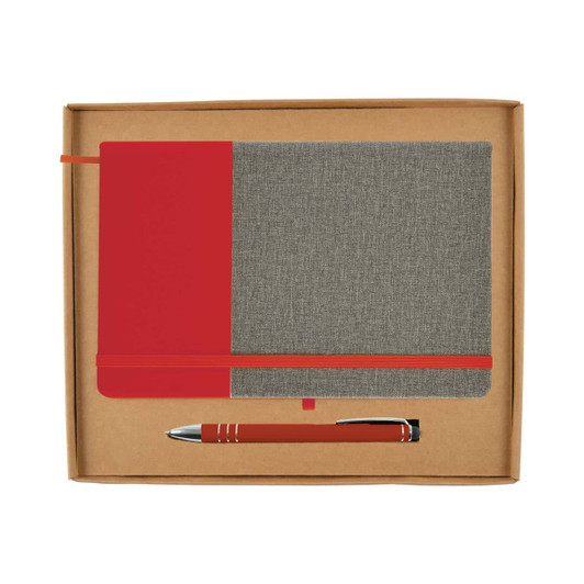 A notebook with a red and gray cover alongside a matching pen, presented in a cardboard gift set.