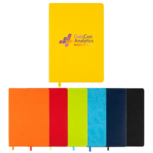 A collection of Genesis A5 Notebooks in various colors including yellow, orange, and black, each with a logo.