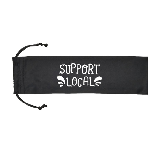 A black storage pouch with drawstring, featuring the text "SUPPORT LOCAL" in white lettering.
