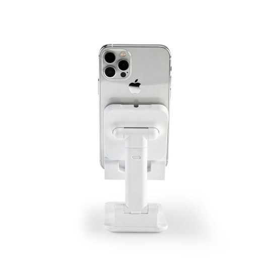A white phone stand holds a smartphone upright, featuring a sleek design and adjustable features.