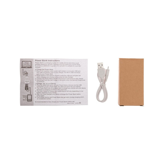 A power bank kit featuring a small brown box, USB charging cable, and instruction sheet.