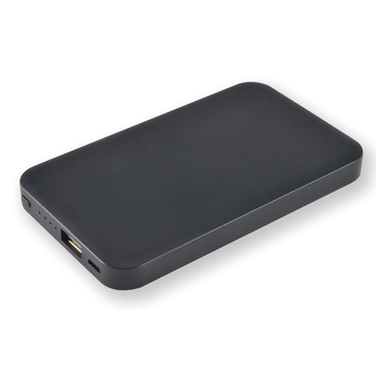 A power bank in a sleek black design, featuring USB ports and indicators for battery level.