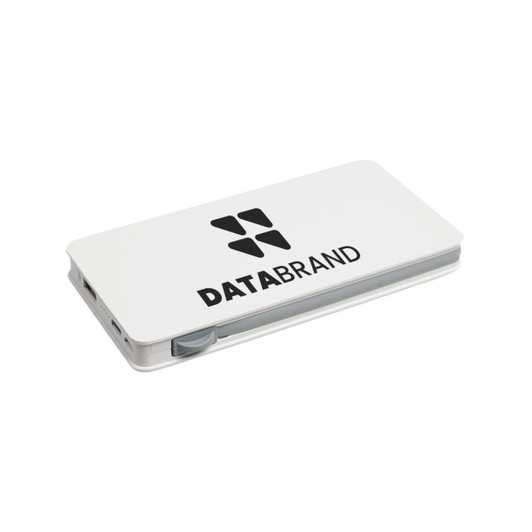 A white power bank with a grey accent and a logo on the surface, designed for charging devices.