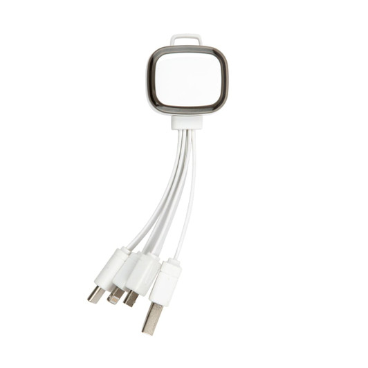 A white, 3-in-1 charging cable with multiple connectors and a square housing at the top.