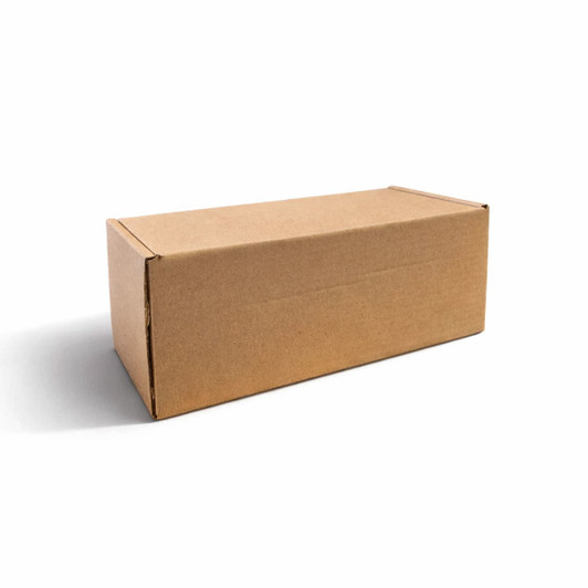 A plain brown cardboard box with flaps, viewed from the side.