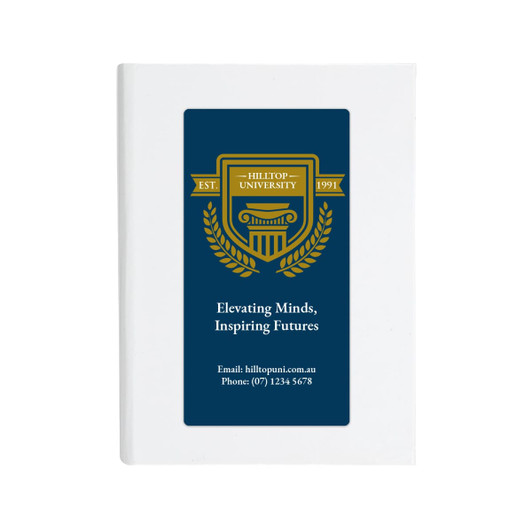 A white sticky note pad featuring a blue and gold emblem, with a logo and text on the cover.