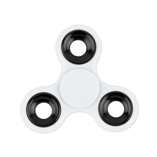 A fidget spinner with three arms, featuring a white body and black rings around each of the spinning sections.