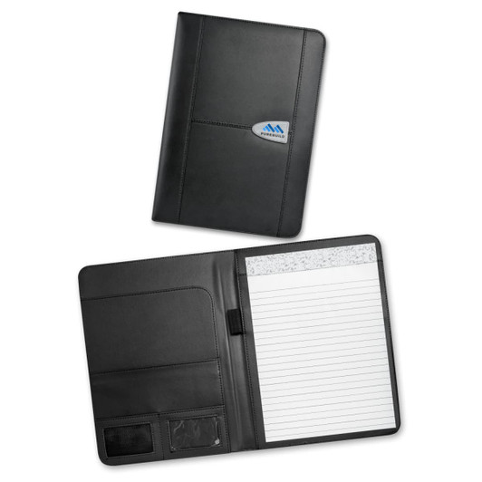 A large black leather portfolio featuring a notepad and an interior pocket, along with a branding logo.