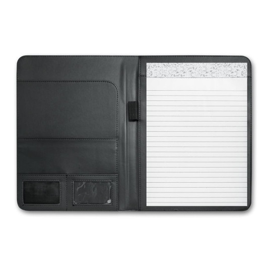 A large black leather portfolio featuring a notepad, card holder, and a pocket for documents.