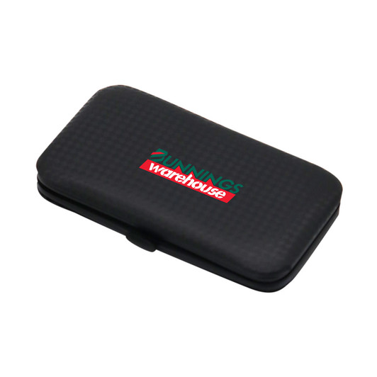 A black manicure set case with a logo. Contains tools for nail care.