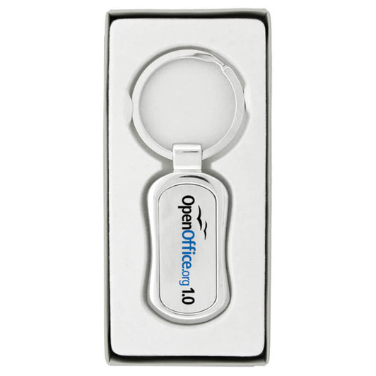 A silver keychain with a rounded rectangular design inside a white box, featuring a logo.