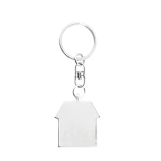 A silver keychain in the shape of a house, featuring a metal ring and a clasp.