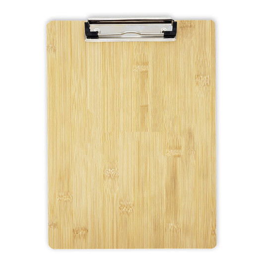 A bamboo clipboard with a metal clip, featuring a natural wood grain finish. It has a simple design and a logo.