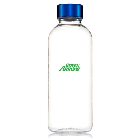 A drink bottle made of clear Tritan material with a blue lid and a logo on the front.
