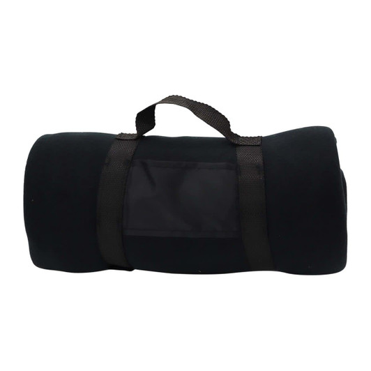 A rolled black blanket secured with straps, featuring a small pocket on the front and a handle for carrying.