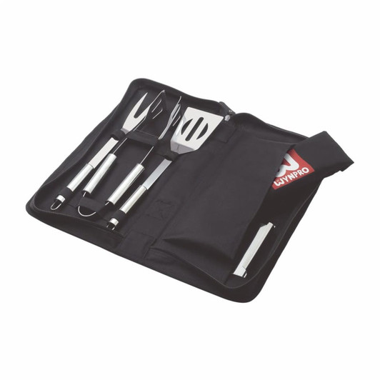 A 5-piece BBQ and apron set featuring stainless steel utensils in a black carrying case.