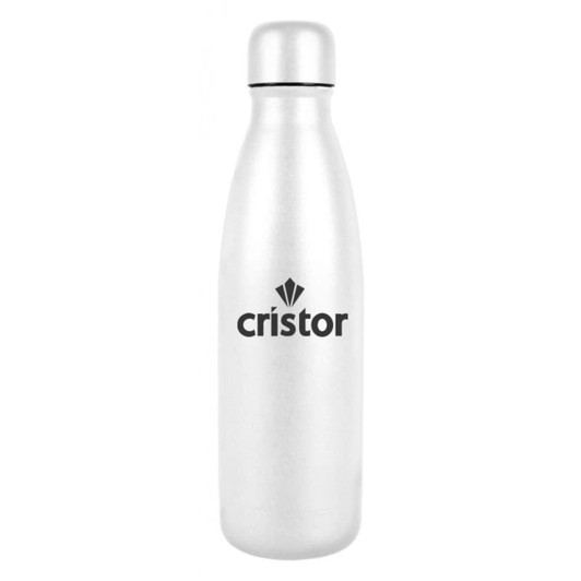 A drink bottle made of stainless steel, featuring a silver finish and a logo.