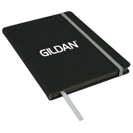 A black A5 journal with an elastic closure and a ribbon bookmark. It features a logo on the cover.