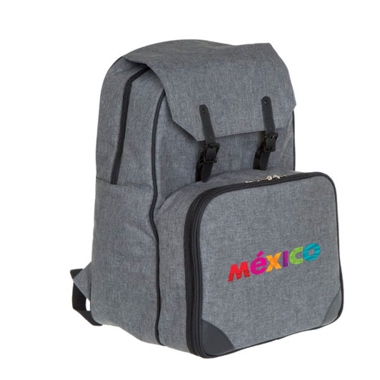 A grey backpack with a front compartment and a logo, featuring adjustable straps and a flap closure.