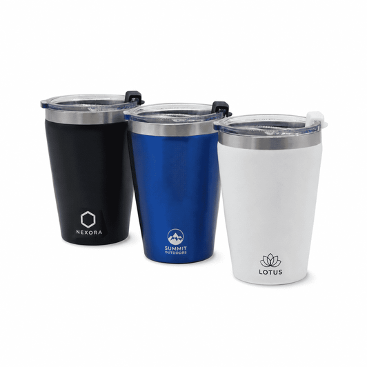 A drink bottle trio featuring a black, blue, and white tumbler, each with a branded logo and a clear lid.