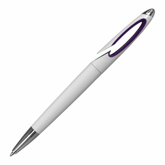 A plastic pen in white with a purple accent and chrome tip, featuring a logo.