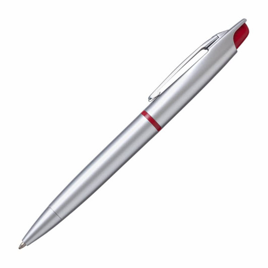 A silver highlighter and pen combination featuring a red top and accents, with a clip for attachment.