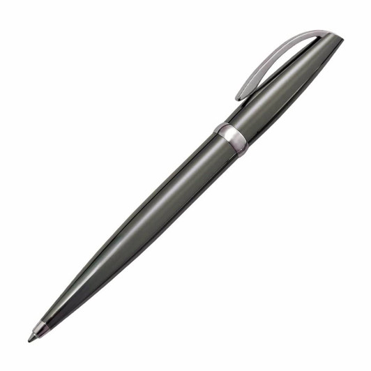 A sleek, dark grey pen with a silver clip and detailing, featuring a smooth, elegant design.