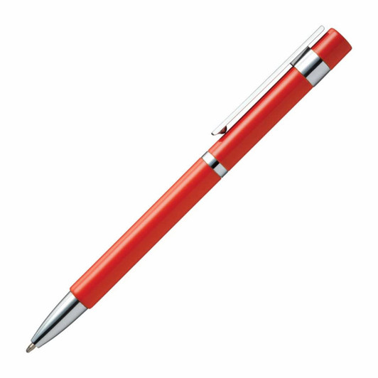 A red pen with a silver clip and accents, featuring a sleek design.