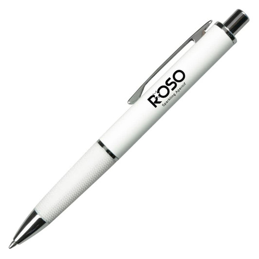 A metal pen in white with a textured grip and a silver clip, featuring a logo.