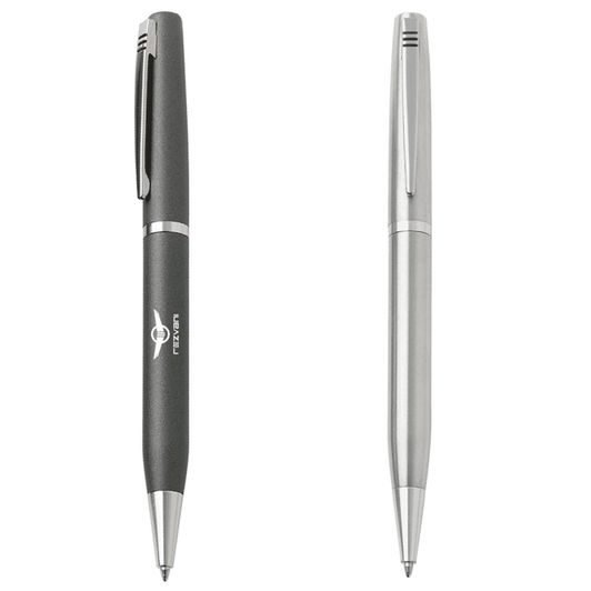 A plastic pen featuring a sleek black body and a silver clip, along with a logo on the barrel.
