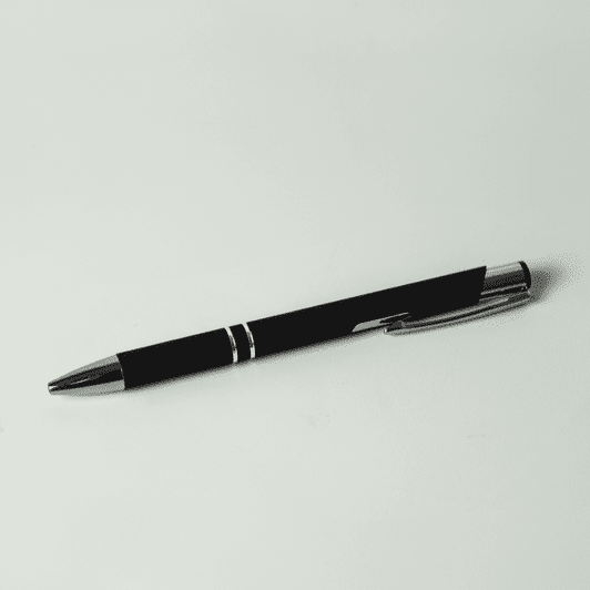A black metal pen with silver detailing and a clip, featuring a sleek design and polished finish.