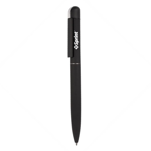 A black metal pen with a rounded top and a clip, featuring a logo on the side.