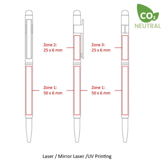 A thin metal stylus pen in multiple positions, featuring branding and printing zones outlined in red.