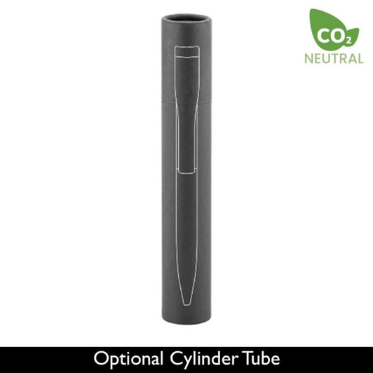 A black metal ballpoint pen displayed in a cylindrical tube with a logo.
