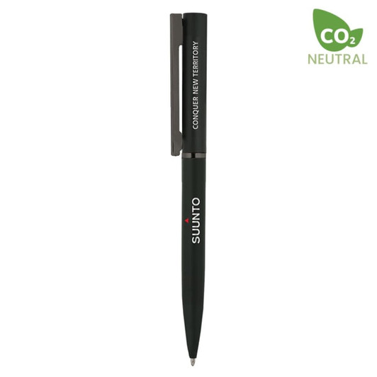 A metal pen in black with a clip and a logo. The pen features a sleek design and is CO2 neutral.