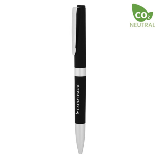 A black and silver metal pen with a logo, featuring a sleek design.