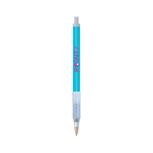 A blue plastic pen with a clear grip and a logo at the top, designed for writing.
