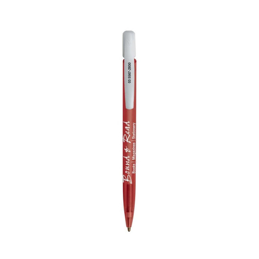 A red plastic pen with a white cap and a logo. It features a smooth, streamlined design.