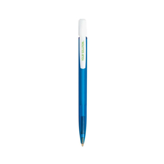 A blue plastic pen with a white cap and a logo on the clip.