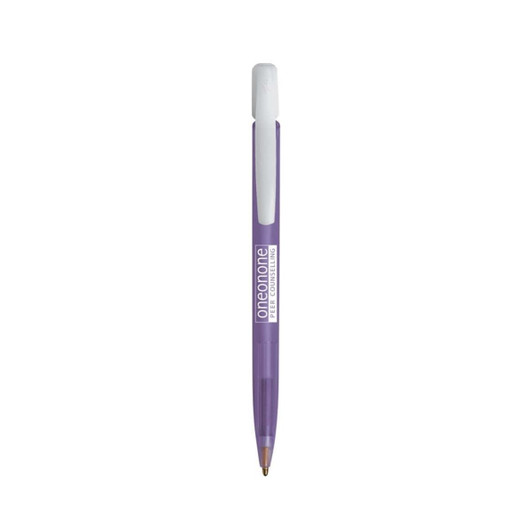 A purple plastic pen with a white top and a branding logo on the barrel.