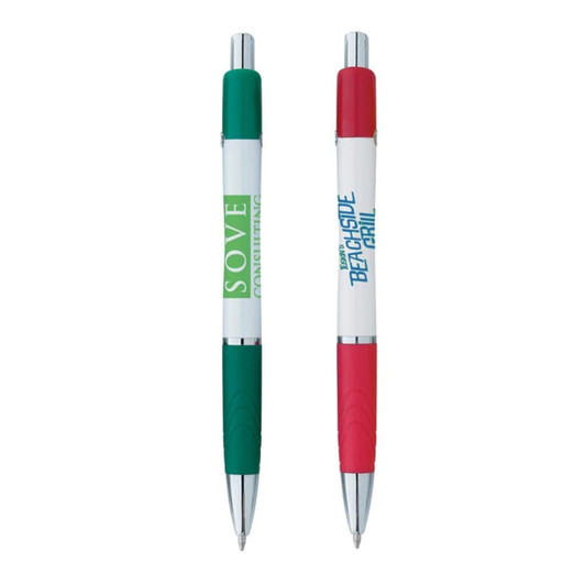 A set of two pens in green and red, featuring a white barrel and logos on each pen.