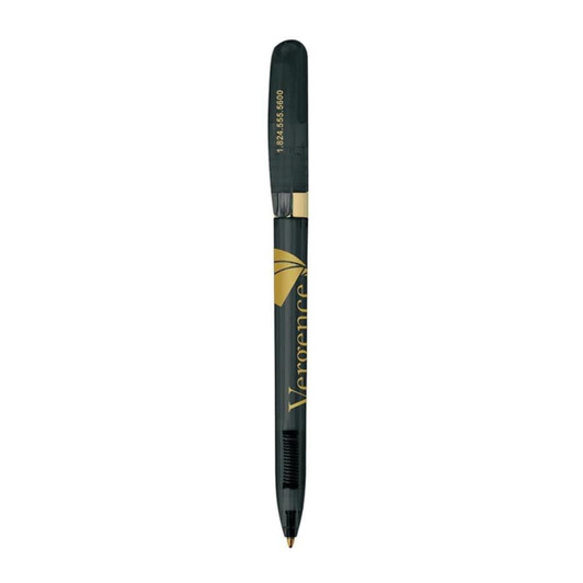 A dark green metal pen with a gold clip and branding.