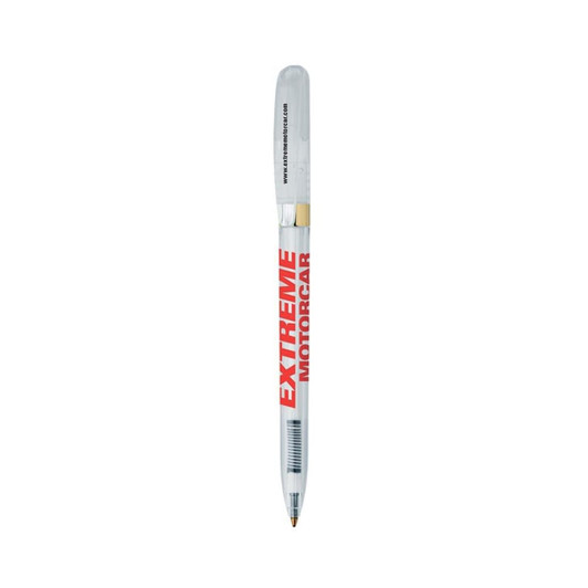 A clear metal pen with a gold tip and an attached transparent cap, featuring a logo in red.