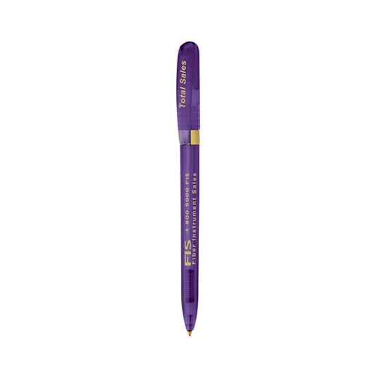 A purple metal pen with a transparent cap and a gold clip, featuring a logo on its body.