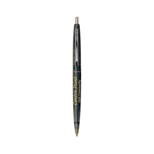 A green plastic pen with a click mechanism, featuring a logo on its barrel.