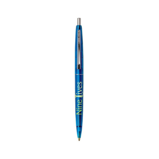 A blue Eco Clear Clics pen with a transparent barrel and silver clip, featuring a logo.