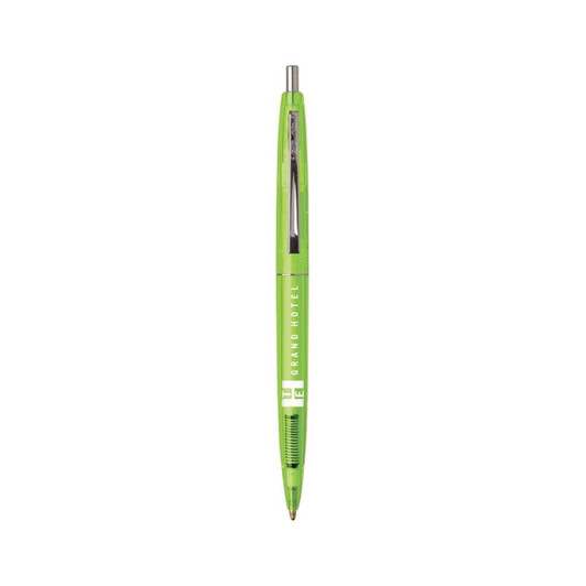A bright green Eco Clear Clics Pen with a click mechanism and a branding logo on the side.