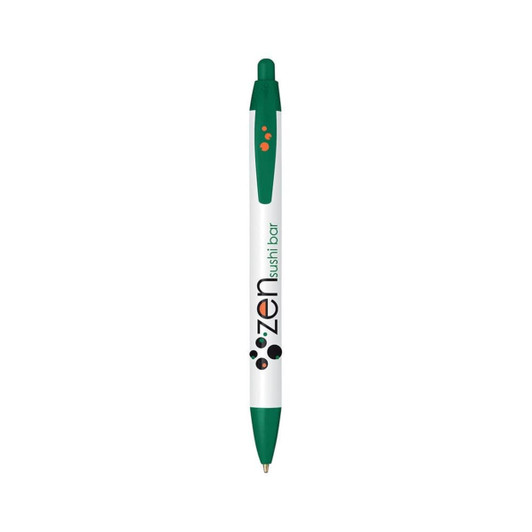 A green and white plastic pen featuring a logo, designed for writing.